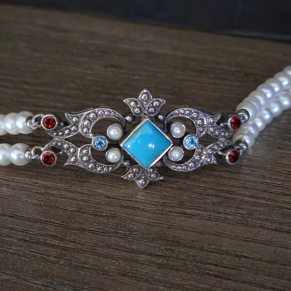 Nicky Butler 925 Sterling Silver Turquoise Pearl Garnet Topaz Designer Bracelet - Picture 3 of 16